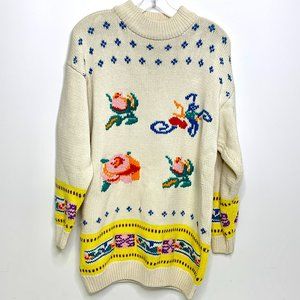 1980's Cotton Sweater Cream with Flowers Women's L